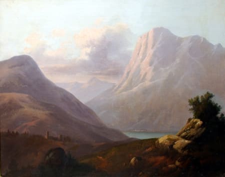 Pittore Anonimo — Veduta da Vigolo con Corna Trentapassi e il paese di Marone